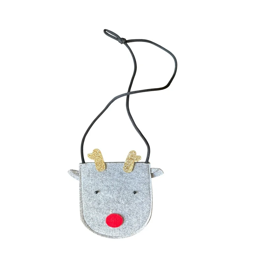 Toddler‎ Reindeer Crossbody Purse Felt Christmas Holiday Kids Bag Gray Red Nose